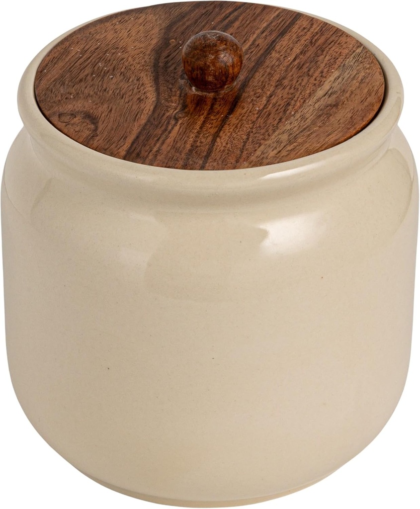 Creative Co-Op Stoneware Canister with Acacia Wood Lid, Ivory Color and Natural