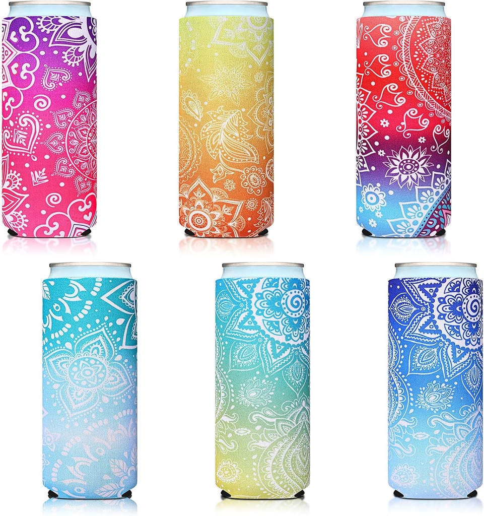 BBTO 6 Pack Slim Can Cooler Sleeves, Reusable Neoprene Bottle Insulated Sleeve, 12 oz Beverage Can Covers for Energy Drink and Beer Cans