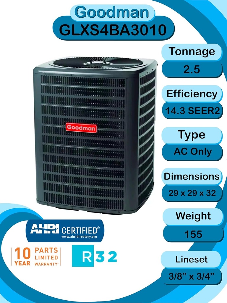 Goodman 2.5 TON 14.5 SEER2 Upflow R-32 AC System with 96% AFUE 60k BTU Low NOx furnace (GLXS4BA3010 condenser with GM9S960603BN furnace and CAPTA3026B3 coil)