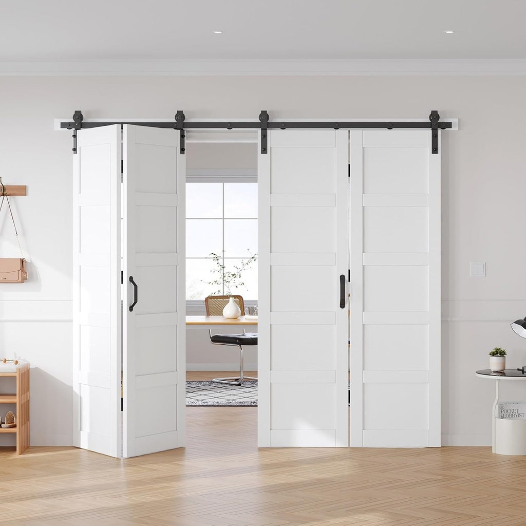 Double 48x84 White Bi-fold Doors Sliding Folding Barn Door with 104" Hardware Kit & Handle,Solid MDF Door with Water-Proof PVC Surface for Closet,Assembly Required