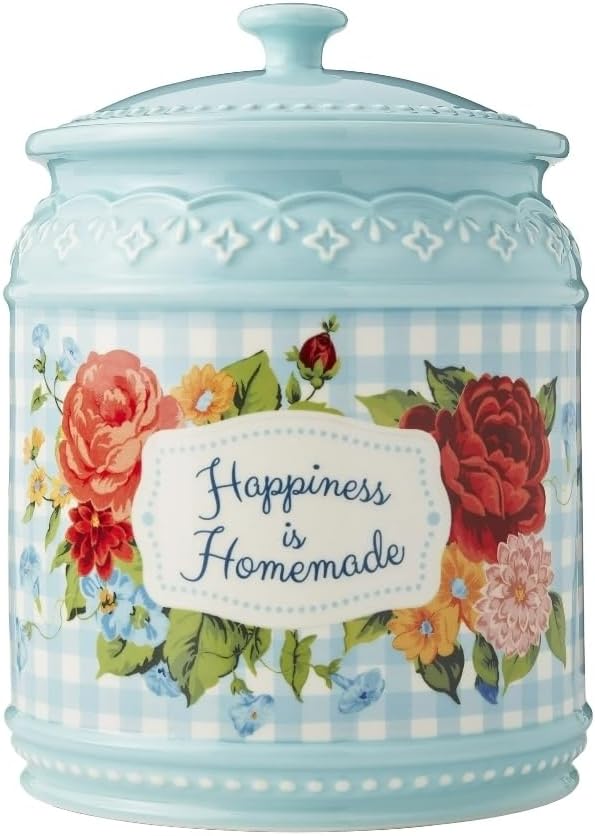 Pioneer Woman Gingham Floral Ceramic Cookie Jar Container.