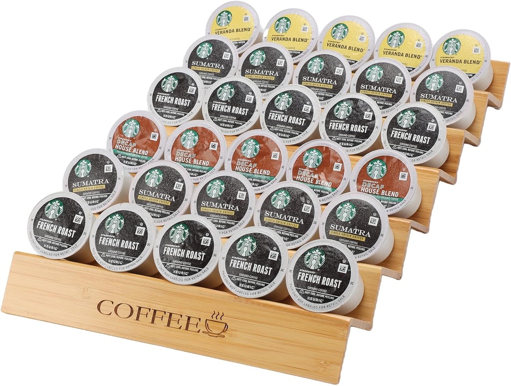 MinBoo Bamboo 2-Piece Step-Shaped K-Cup Holder Drawer or Countertop Organizer for Coffee Station - Holds 30 Coffee Pods