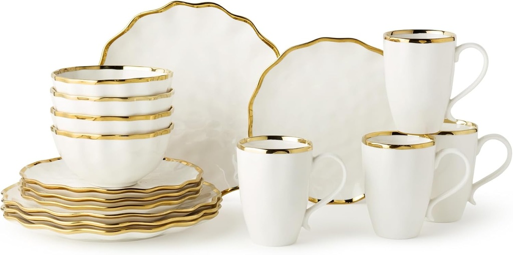 Regency Gold 16-Piece Dinnerware Set – Elegant Gold Rimmed Porcelain Plates, Bowls & Mugs – Service for 4 – Sophisticated Dining Set for Everyday Meals, Holiday Gatherings & Wedding Gifts