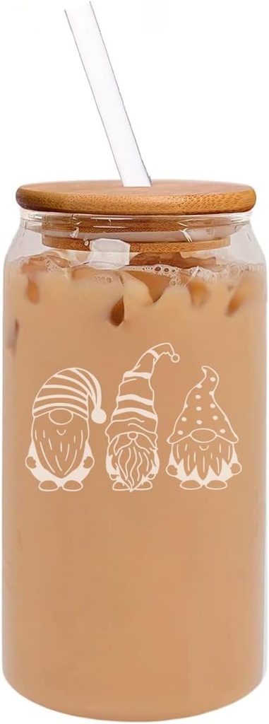 MIP 16oz Can Shaped Glass Iced Coffee Cup with Bamboo Lid and Straw Gift Gnomes