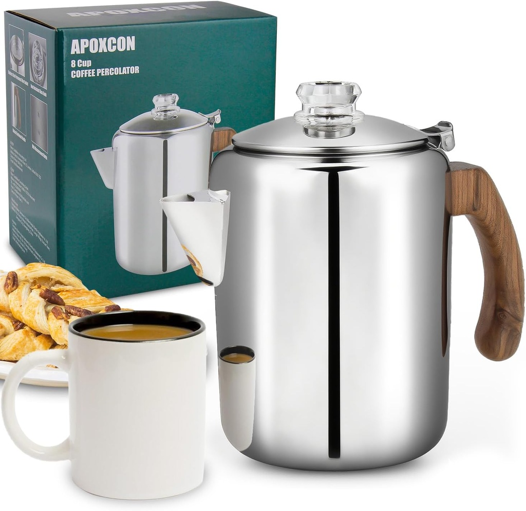 Coffee Percolator Pot Stainless Steel Coffee Maker with Tough Glass Knob & Fireproof Solid Wood Handle & Drip-Free Spout Camping Coffee Pot Using on any Stovetop NO Aluminum NO Plastic (8 Cup)