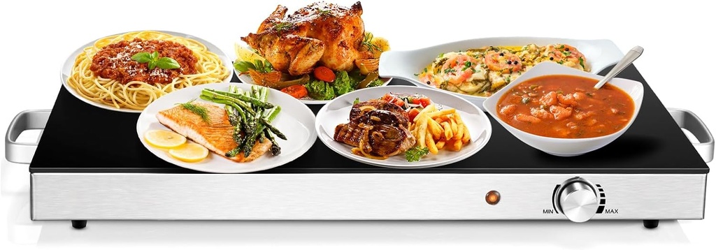 ARLIME Electric Warming Tray, 22" x 14" Hot Plate Warmer w/Adjustable Temperature Control, Tempered Glass Top, Cool-Touch Handles, Food Warmer Tray for Gathering Parties, Buffet