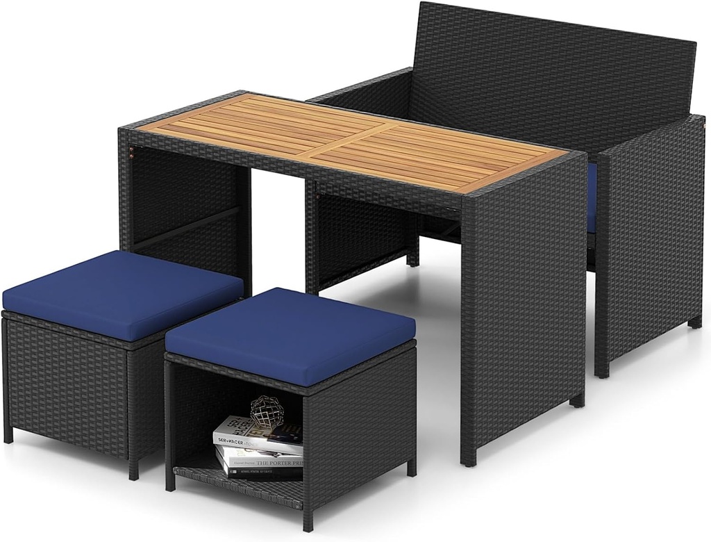 HAPPYGRILL 4 Pieces Outdoor Rattan Wicker Dining Set, Loveseat Chair & 2 Ottomans w/Wood Topped Dining Table, Space-Saving Patio Furniture Set w/Cushioned Seating for Backyard, Poolside, Garden