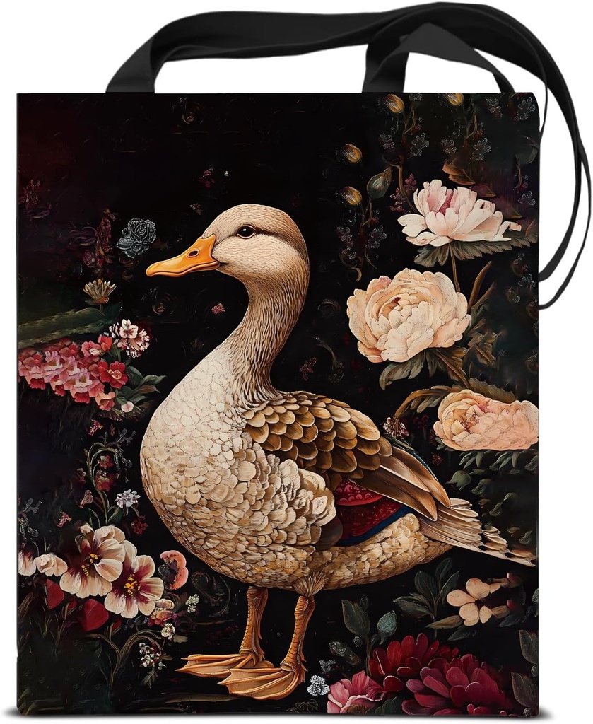 Floral Duck Print Canvas Tote Bag for Women Dark Academia Duck Pattern Cottagecore Reusable Grocery Shoulder Bag for Shopping Work Travel Beach Aesthetic Totes