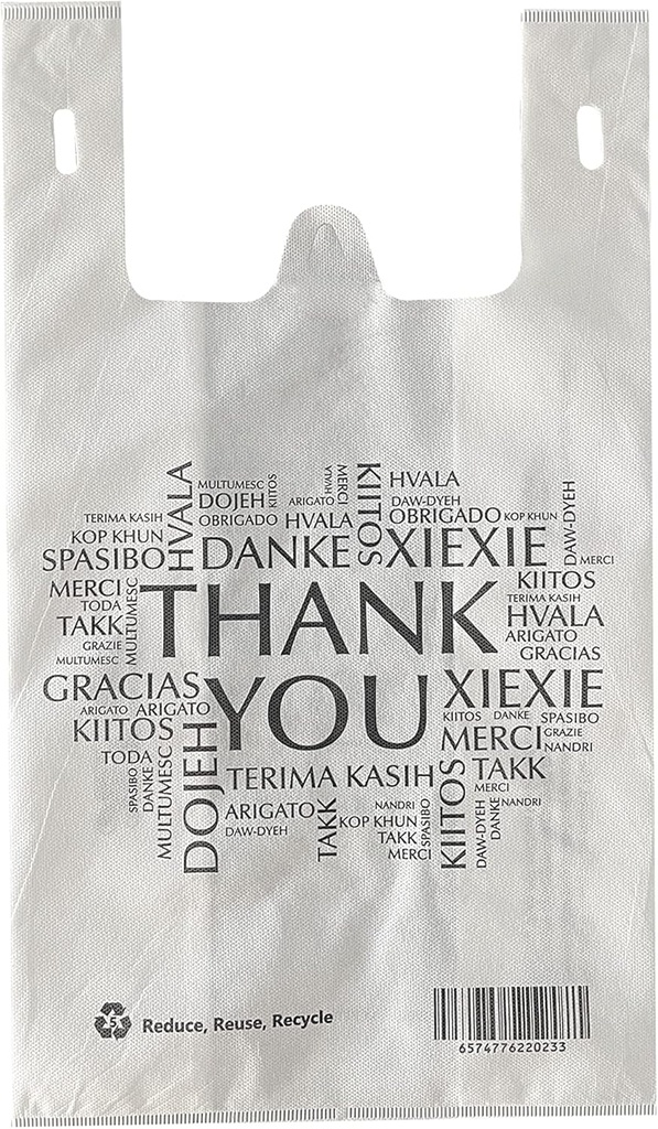 JET PAPER BAGS - 12.5”x7.7”x17.5” [10 Pcs] Large Non-Woven White Shopping Bags with Multilingual Thank You Print Prime for Takeout, Grocery, Retail, Weddings - Recyclable (White 10 Pcs Count)