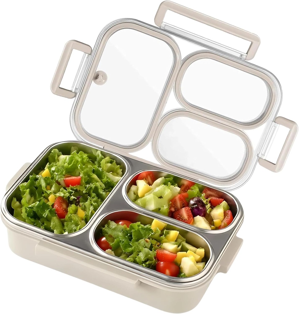 Stainless Steel Bento Box for Adults & Kids, 3-Compartment Lunch Box with Lid, Leak-Proof Portable Meal Prep Container for School, Office, Picnic (White)