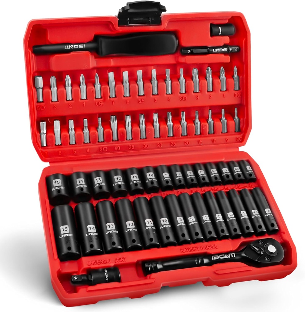 LLNDEI 1/4" Drive Socket Wrench Set, 1/4-Inch Impact Socket Set Metric(4-15mm) Deep and Shallow 6 Point, CR-V, 63PCS with 72T Ratchet Wrench Handle for Household&Automotive Repairing