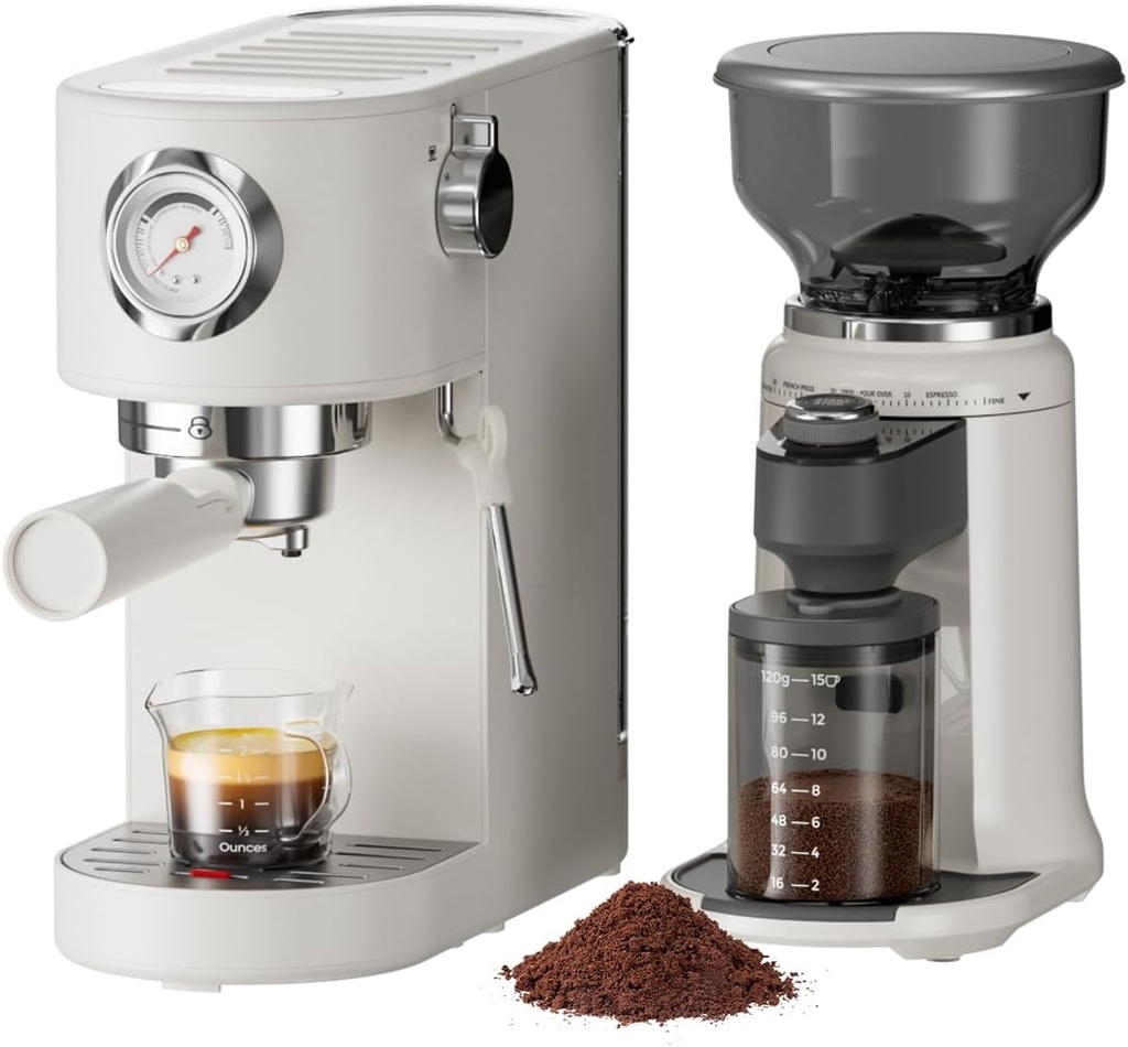 Espresso Machine & Coffee Bean Grinder Combo - 20Bar Coffee Maker with Milk Frother Steam Wand Adjustable 24 Precise Grind Settings, 40s Digital Timer for French Press, Espresso