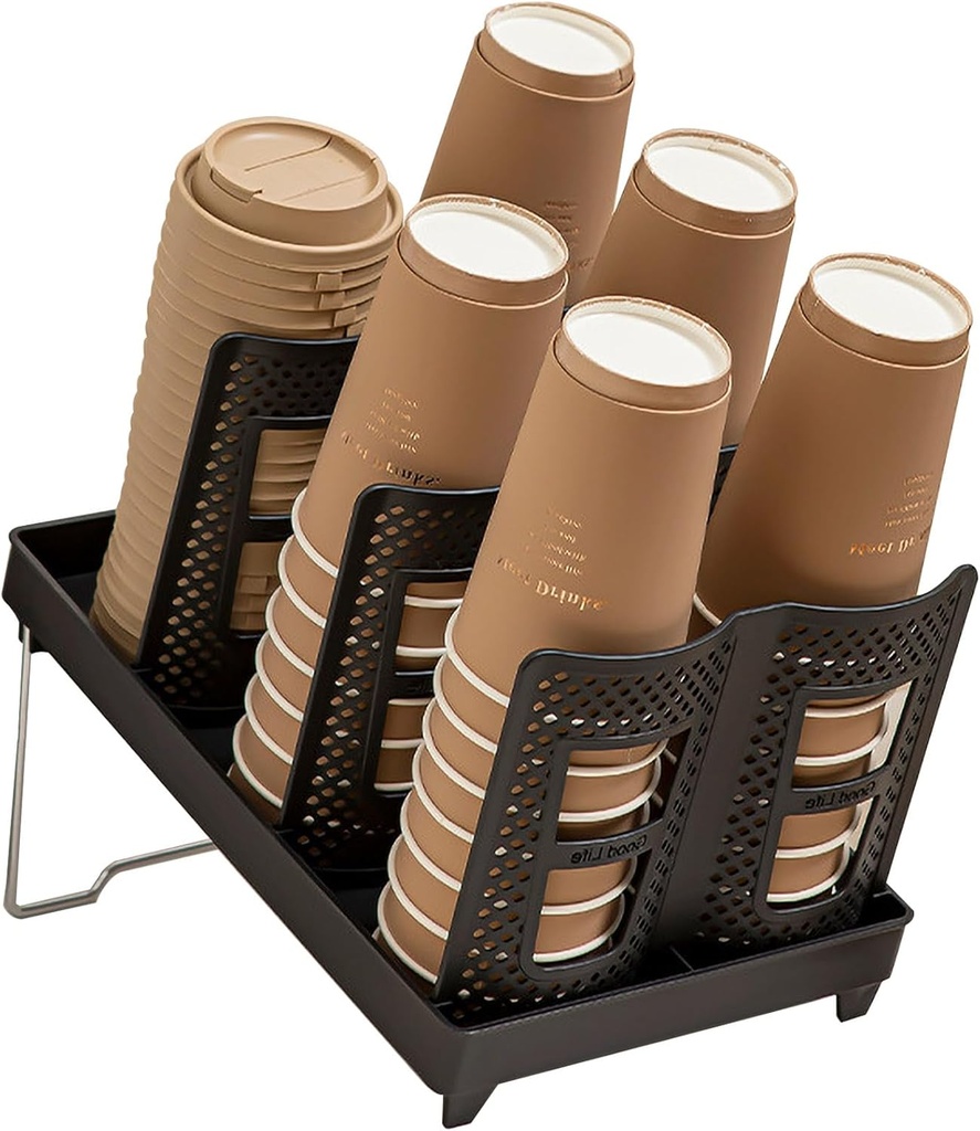 Tirifer Cup and Lid Holder, Disposable Paper Cup Dispenser with Stand, 6 Slots Coffee Cup and Lid Storage Organizer for Coffee Station Bar Office Home Countertop Breakroom Restaurant