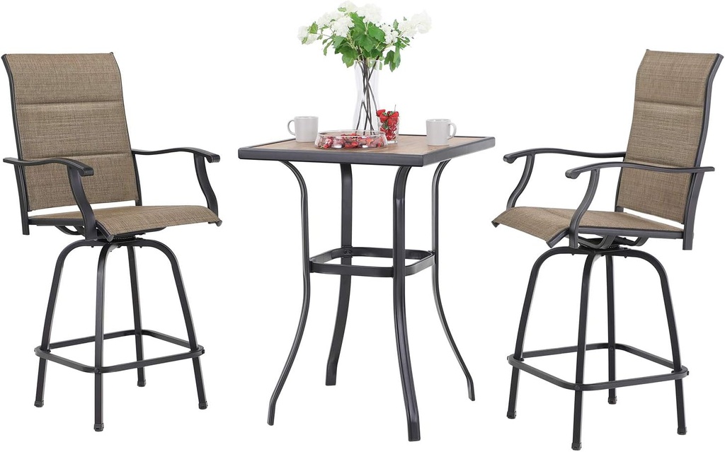 Sophia & William Outdoor Bar Set, Patio Bar Table & Chairs Set, Bar Height Patio Set - 2 x Swivel Bar Chairs(Brown), 1 x Square Bar Table(Wood-Like)