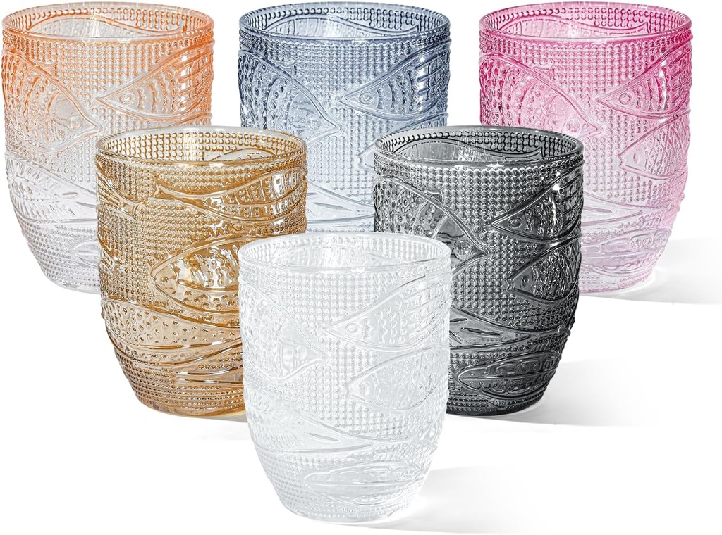 Hobnail Drinking Glasses Set of 6, 12 oz Vintage Fish Glassware Sets, Romantic Water Glasses, Textured Glass Cups, Embossed Colored Glass Water Tumbler for Beer, Cocktail, Whiskey, Juice