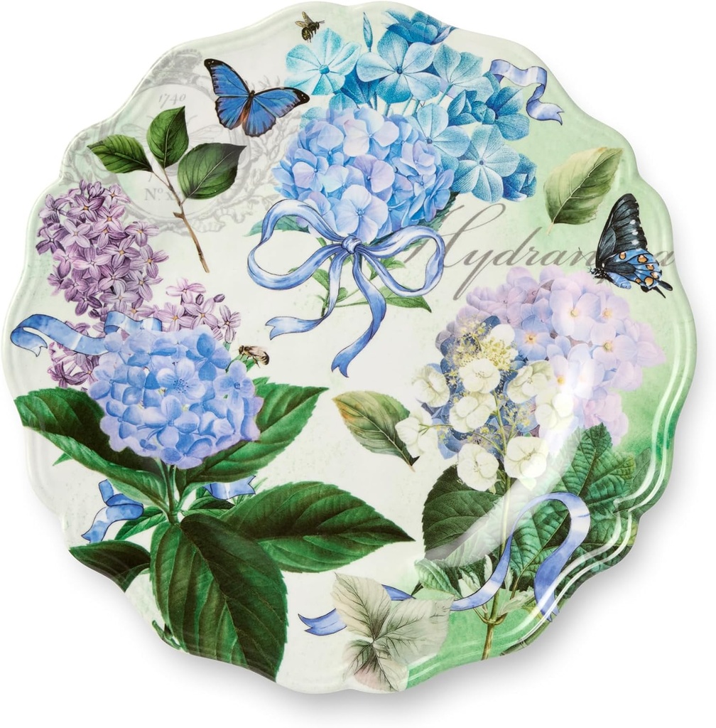 Garden Path Melamine Set of 4 Dinner Plates, 11" - Elegant Hydrangea Design in Pink, Purple, White, and Green Hues, Perfect for Outdoor Dining, Picnics, and Everyday Meals
