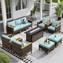 Sophia & William Patio Furniture Set with Fire Pit Table, 10 Piece Outdoor Wicker Furniture Sectional Sofa, Extra Large Patio Rattan Conversation Set with Ottoman & 56" Fire Pit Table(Aqua Blue)