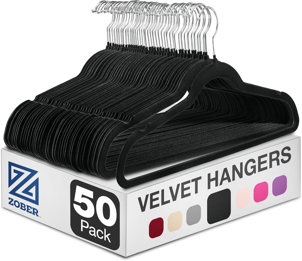 Zober Velvet Hangers 50 Pack - Black for Coats, Pants & Dress Clothes - Non Slip w/ 360 Degree Swivel, Holds up to 10 lbs - Strong Felt Hangers for Clothing
