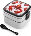 Red Lobster Print Bento Box Adult Lunch Box All-in-One Lunch Containers with Removable Compartments Double Layer Bento Lunch Box with Spoon And Handle Stackable Lunchbox