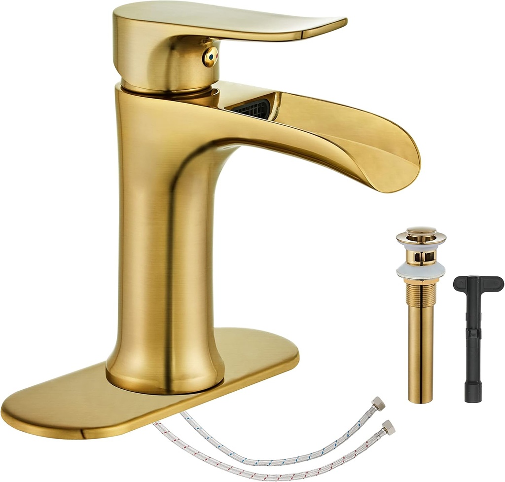 Brushed Gold Bathroom Faucet Yundoom Waterfall Single Hole Single Handle Bathroom Sink Faucet with Pop Up Drain bath05