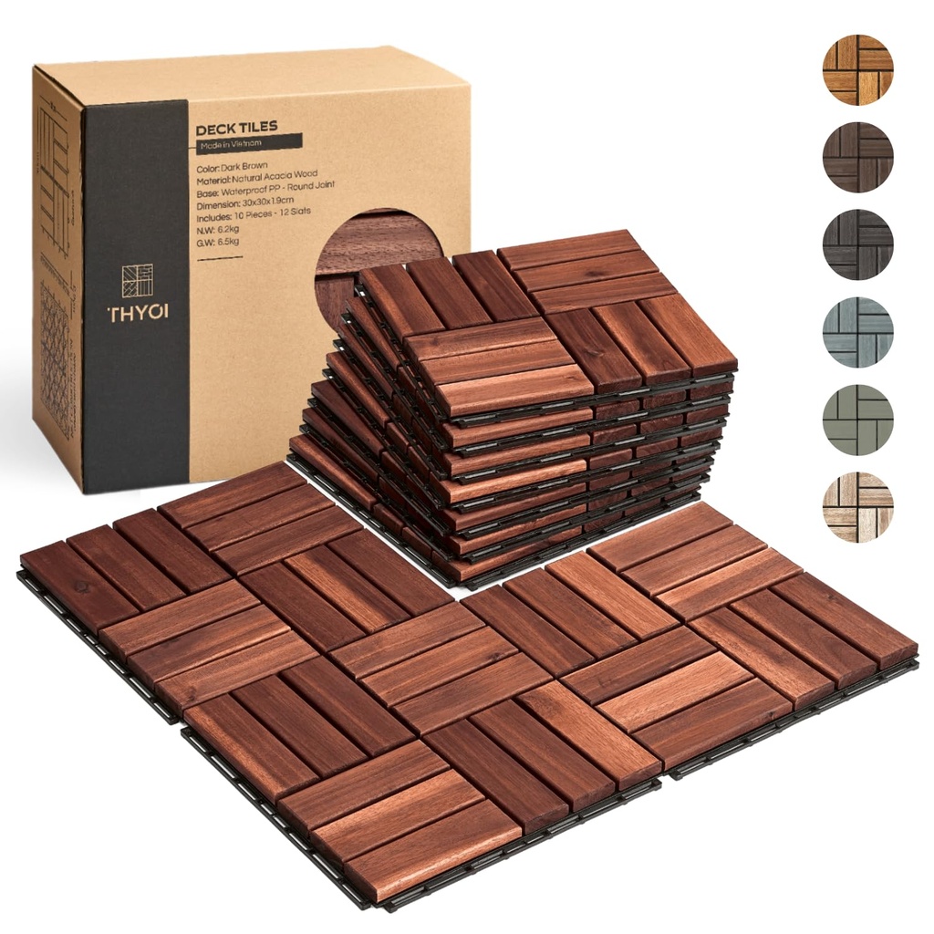 10 Pcs Deck Tiles, Patio Flooring - Outdoor Waterproof Acacia Wood Tiles for All Weather Use - Balcony, Backyard, Indoor & Outdoor (Dark Brown Crossed Pattern, 10 Square Ft)