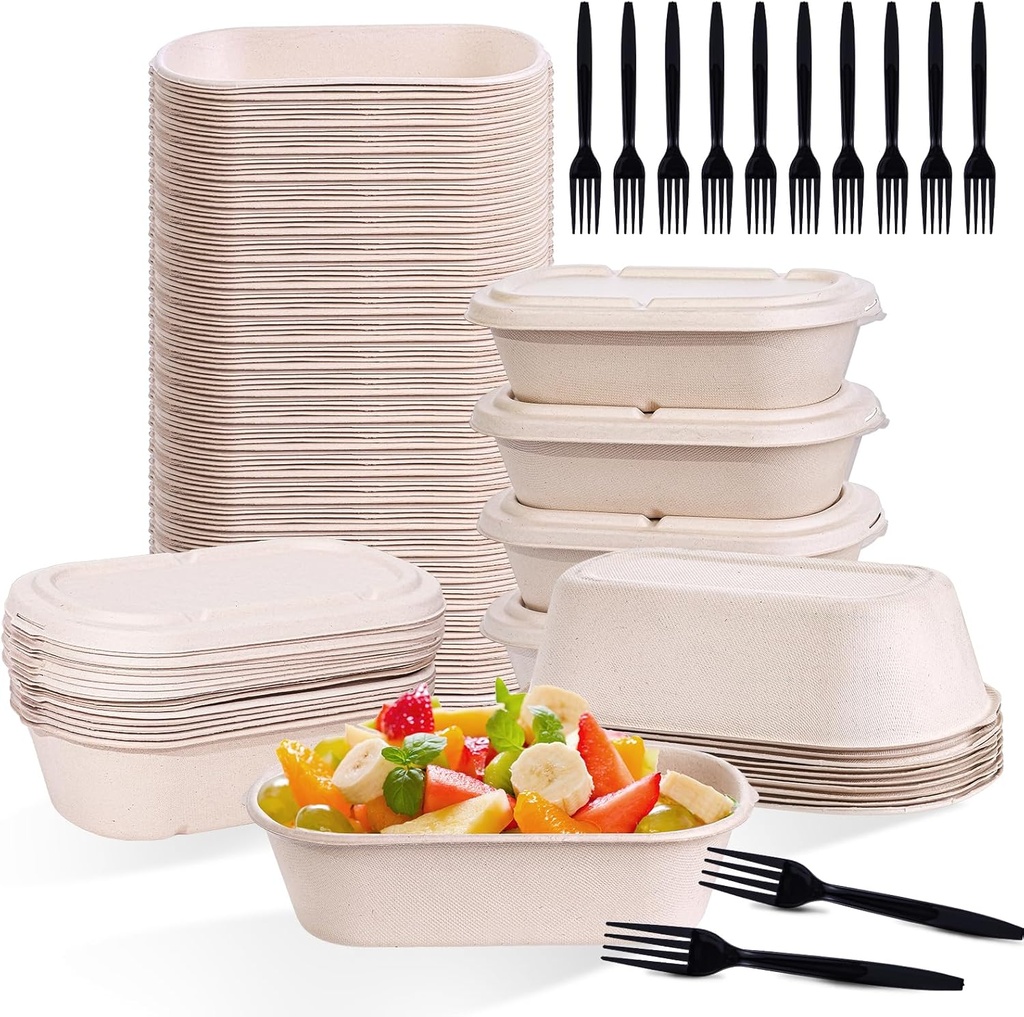 50-Pack 34 oz Meal Prep Containers with Lids and Forks – Disposable Food Containers Sugarcane Pulp To Go Food Containers, Microwave & Oven Safe – Paper Take Out Containers for Salad, Nacho, Burrito