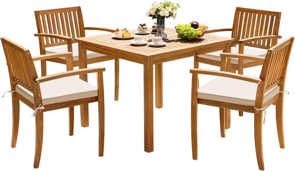 Greesum 5 Piece Patio Dining Set Outdoor Solid Wood Furniture for Yard, Garden, Porch w/Square Tabletop & 4 Chairs, White