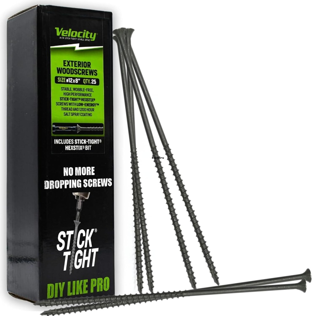 Velocity Long Length Exterior 8 Inch Wood Screws - T30 Torx Bits (Size #12) – Rust Resistant Long Wood Screw Set with Stick Tight Hexstix Driver Bit (25 Count)