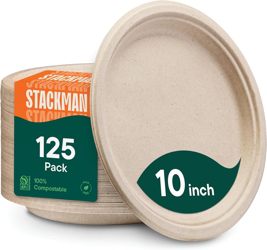 Paper Plates, 100% Compostable Heavy Duty Disposable 10 Inch Plate - [125-Pack] - {PFAS-Free} - {BPI Certified} Eco-Friendly, Biodegradable Bagasse
