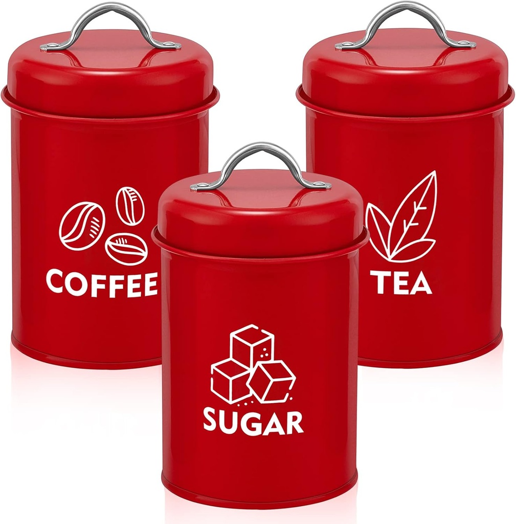 P&P CHEF Canisters Set of 3, Metal Kitchen Canister with Lid Set for Sugar Tea Coffee, Food Storage Jars, Vintage Containers for Candy, Cookie or Beans, 4” x 6.89”, (5 Cups), Red