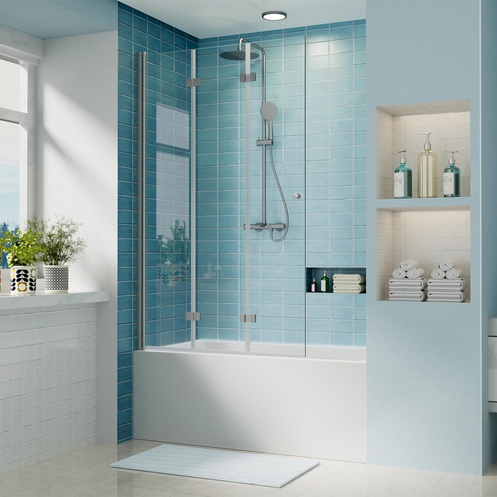 Shower Door for Bathtub, 51" W x 59" H, 1/4" Tempered Glass with Easy Clean Coating and Shatterproof Film, Reversible Frameless 3-Panel Folding Bathtub Door, Matte Black Brushed Nickel