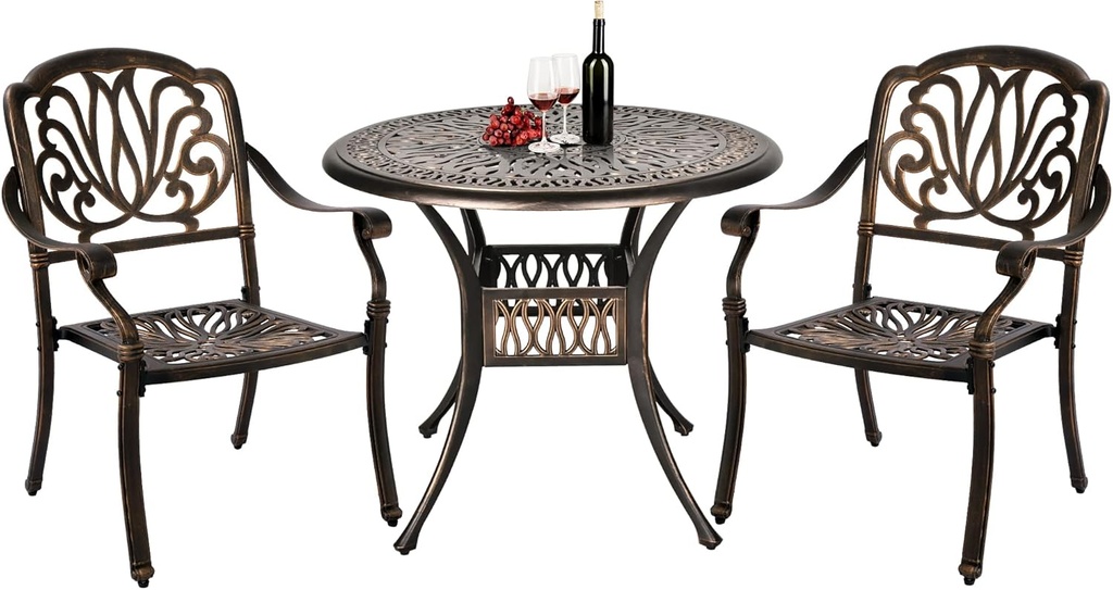 Grepatio 3 Piece All Weather Cast Aluminum Dining Set - 2 Elizabeth Chairs and 35.4" Bistro Table with Umbrella Hole -Outdoor Furniture Dining Set for Patio