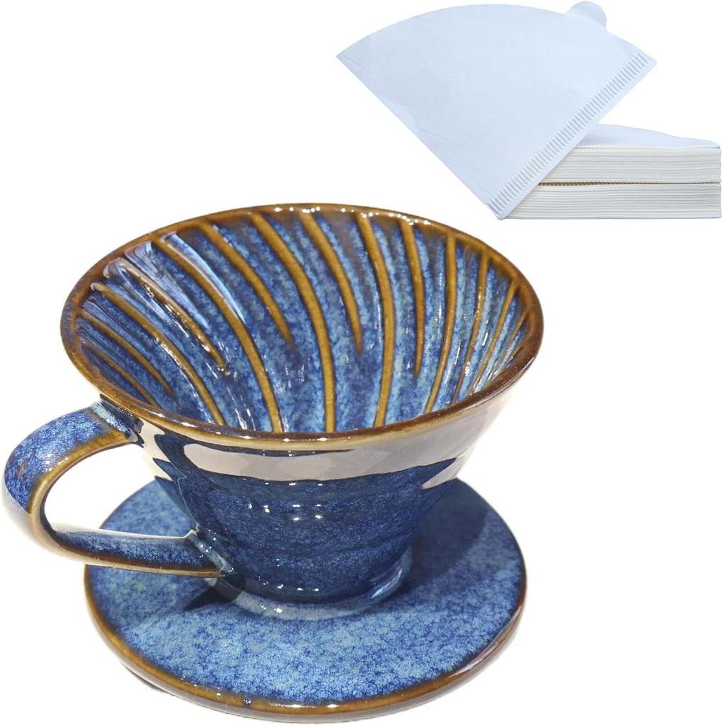 Ceramic Coffee Dripper includes 50 Filters 01 Pour Over Coffee Maker Porcelain V Hand Brewed Set Pottery Artisanal Drip Brew Barista Gift for 1-2 People Travel Camping Office Home