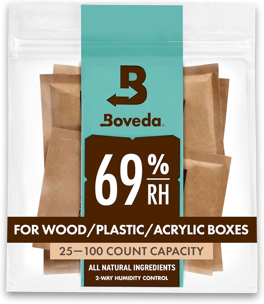 Boveda 69% Two-Way Humidity Control Packs For Plastic and Wood Containers Size 60 – 4 Pack – Moisture Absorbers – Humidifier Packs – Hydration Packets in Resealable Bag