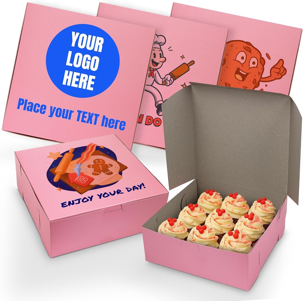 MT Products Custom Printed Pink Cupcake Boxes 8" x 8" x 3" - Personalized Disposable Bakery Boxes for Homemade Treats