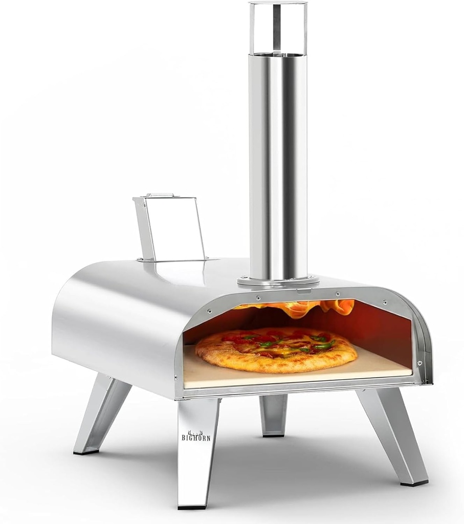 BIG HORN OUTDOORS 12" Woodfire Pizza Stone Oven, 887°F Outdoor Stainless Pizza Cooker, Portable for Party Usage, Sliver