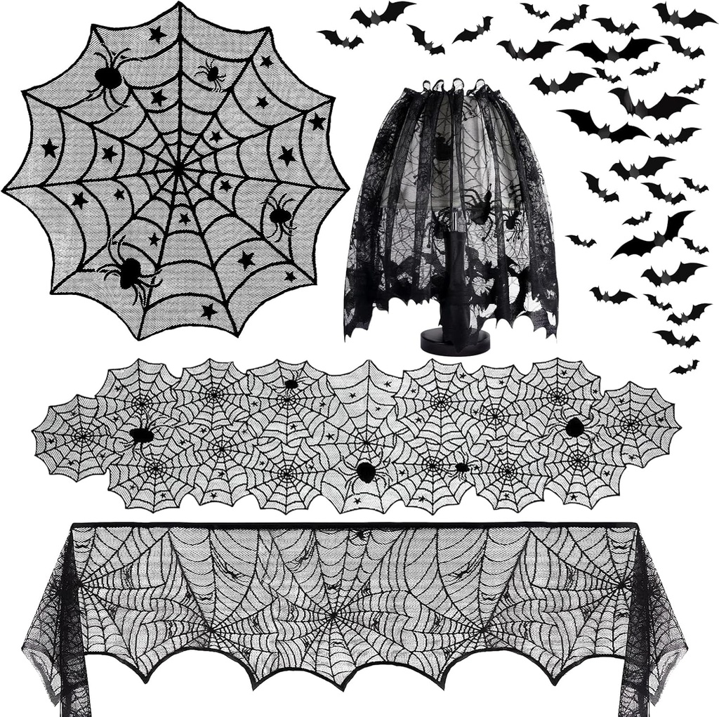 5Pack Halloween Decorations Indoor Halloween Spider Web Tablecloth Table Runners Fireplace Mantel Scarf Cobweb Lampshade Scary 3D Bats for Halloween Spooky Home Decor