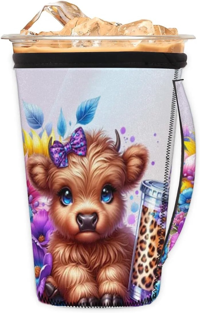 Reusable Iced Coffee Sleeve Cute Highland Cow With Handle Neoprene Ice Insulator Coffee Cup Sleeves Cold or Hot Drink Holder Compatible medium 24-28 OZ for Coffee Cups Beverages Gift