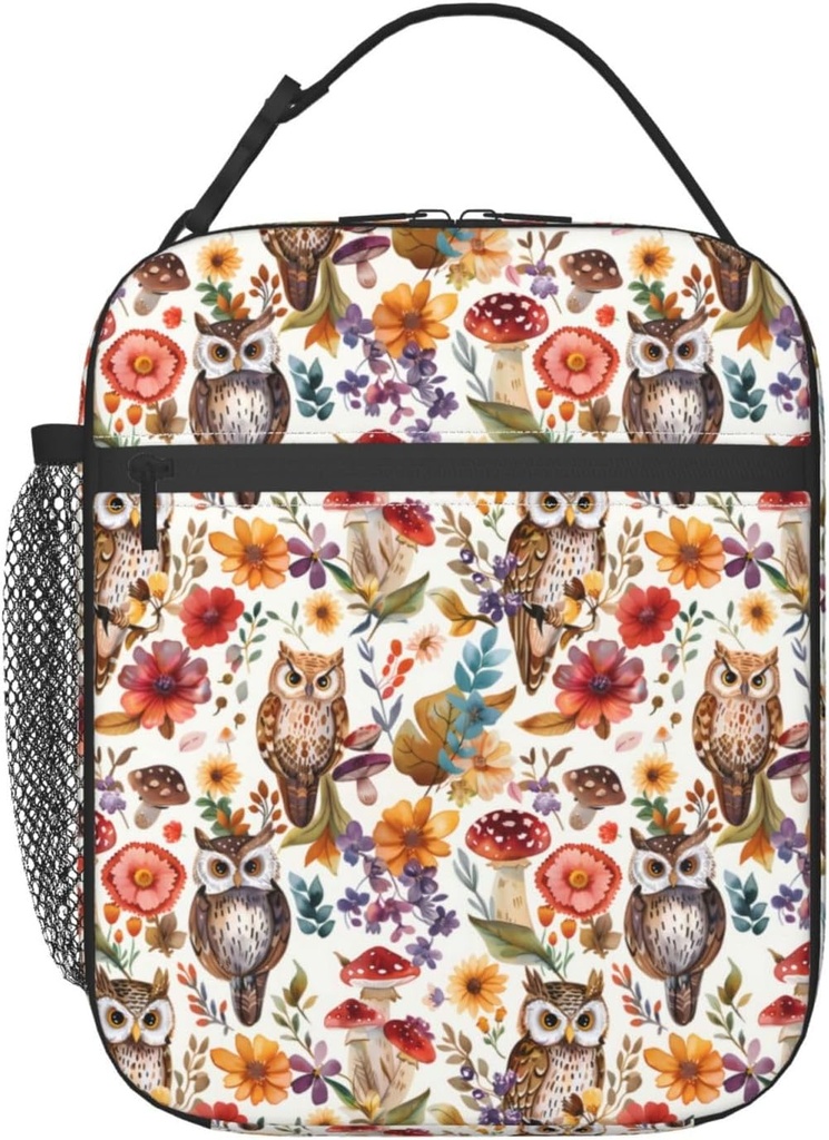 Woodland Owl Lunch Box for Women Girls Kids, Insulated Cooler Beautiful Owl and Floral Lunch Bag for School, Picnic, Office, Work, Travel, Portable Reusable Polyester Thermal Tote Lunch Bags