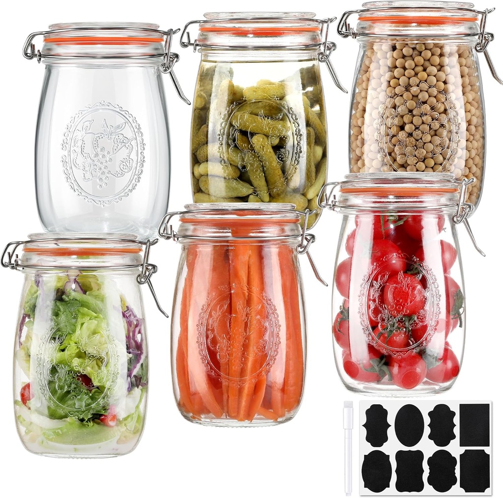 Wide Mouth Mason Jars 32 oz, 6 Pack Glass Canning Jars with Airtight Lid, Large Clear Canister Quart Jars for Pickling Flour Salad Jam Jelly Coffee Sugar Beans Kitchen Storage (6 Pack 32OZ)