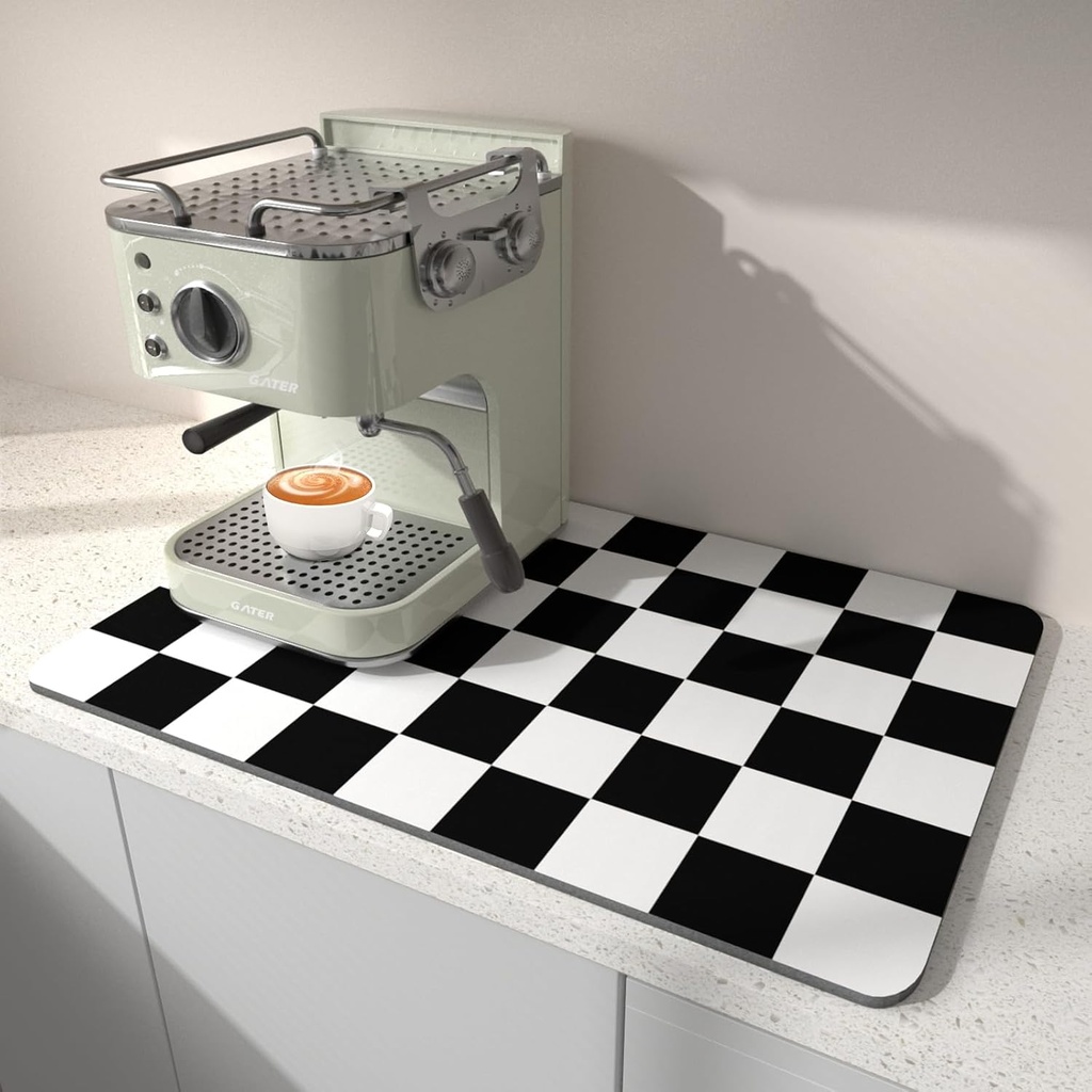 BLESWIN Dish Drying Mat for Kitchen, 15.7’’ X 17.7’’ Coffee Bar Mats for Countertop Fit Under Coffee Maker, Hide Stain Rubber Backed Espresso Machine Absorbent Drying Pad, Black & White