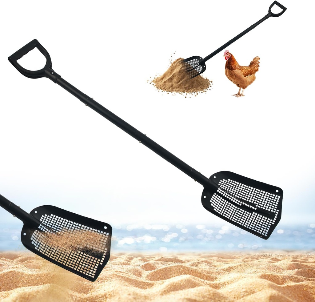 Sand Sifting Shovel, Detachable Beach Sifter Scooper with Adjustable Length Heavy Duty Sand Sifting Tool for Fun Farm Chicken House Goat Shed Cleaning