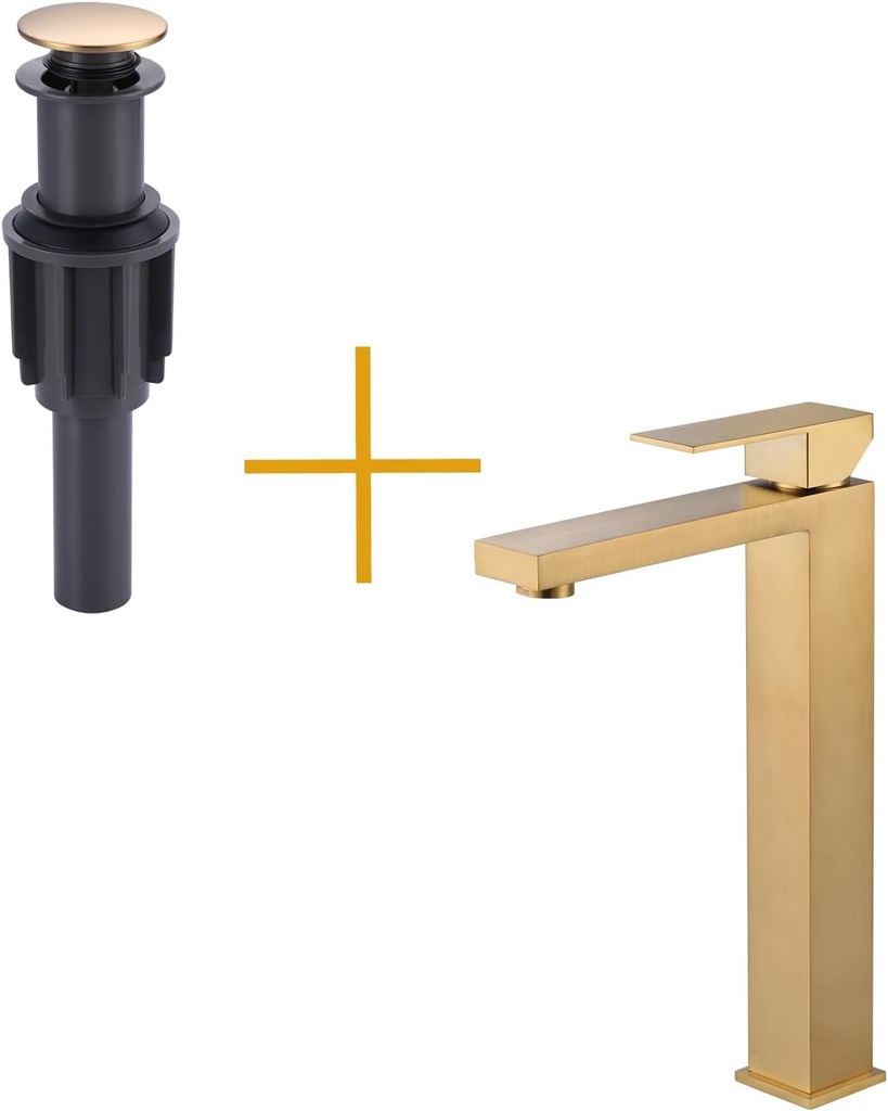 Brushed Gold Pop Up Drain for Vessel Sink and Single Handle Tall Bathroom Faucet