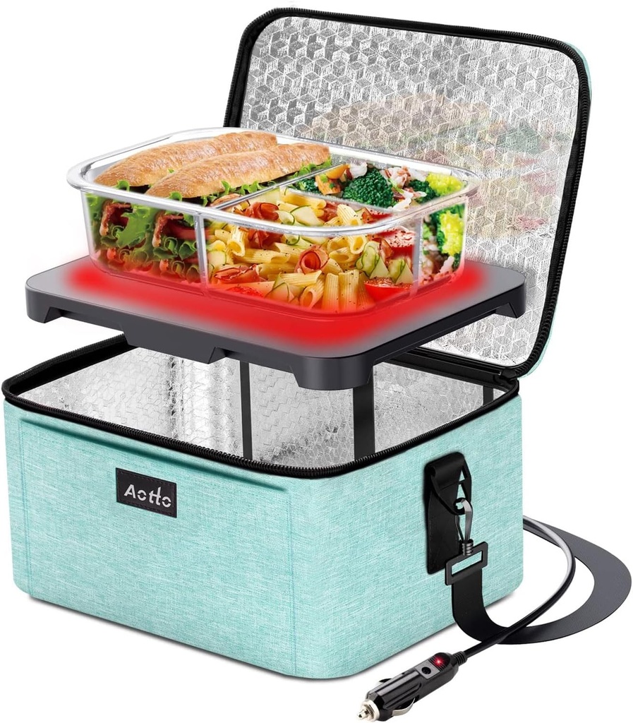 Aotto Portable Oven Electric Lunch Box Food Heater - 12V/24V 2-in-1 Car Food Warmer, Heated Lunch Box for Adults, Cook, Reheat, and Keep Meals Warm for Car, Truck, Travel - Lake Green