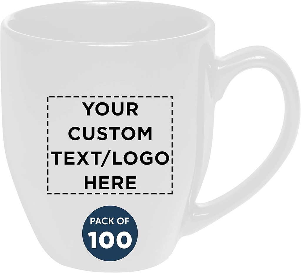 Custom Large Coffee Cups 16 oz. Set of 100, Personalized Bulk Pack - Perfect for Tea, Espresso, Cappuccino, Hot Cocoa - White