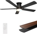 Ceiling Fans with Lights 52 Inch, Flush Mount, Remote Control, 3CCT Dimmable, 6 Speeds, Quiet Reversible DC Motor, Low Profile Hugger Black Ceiling Fan for Bedroom, Living Room, Indoor/Outdoor, ETL