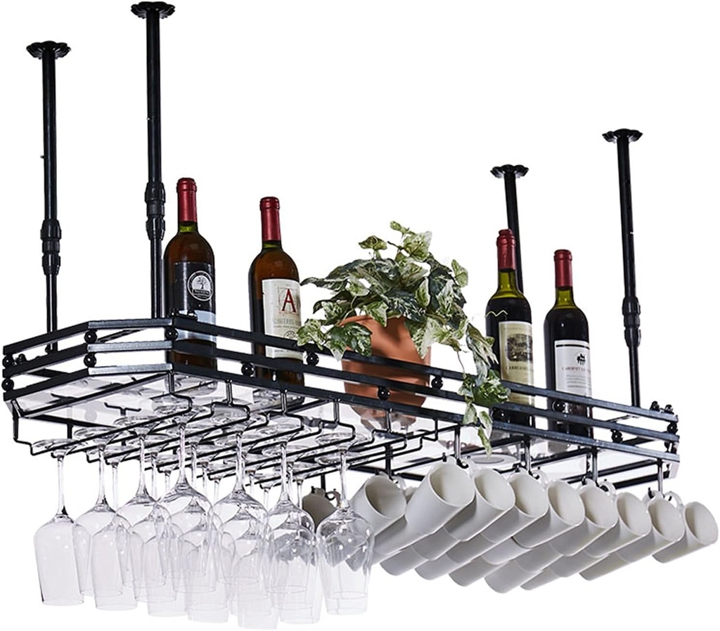 Adjustable Wine Bottle Holder Wall Rack with Glass Shelf, Hanging Bar Glass Rack for Home, Kitchen & Wine Cellar - Height 30-60cm, Stylish Storage Solution