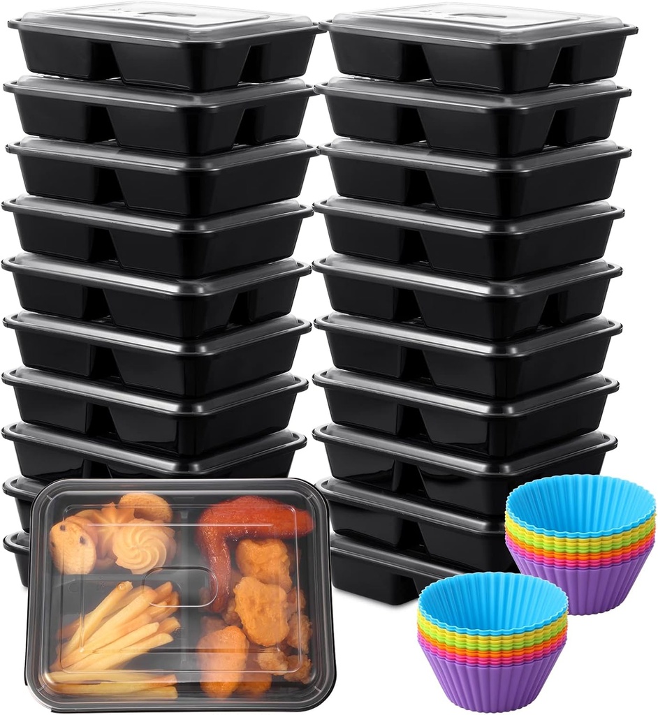 20 Pcs 35 oz 3 Compartment Meal Prep Container and 12 Pcs Muffin Liners Set Plastic Bento Box Silicone Baking Cups Disposable Food Containers with Lids Reusable Silicone Cupcake Liners for Microwave