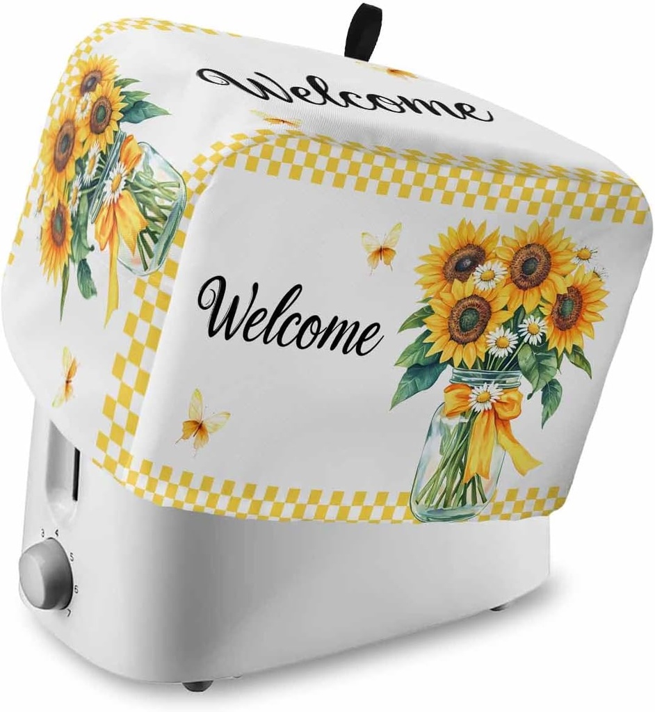 Spring Sunflower Toaster Cover 4 Slice, Yellow Butterfly Plaid Botanical Dustproof Bread Machine Oven Cover with Storage Pockets, Fits Most Kitchen Toasters Protector