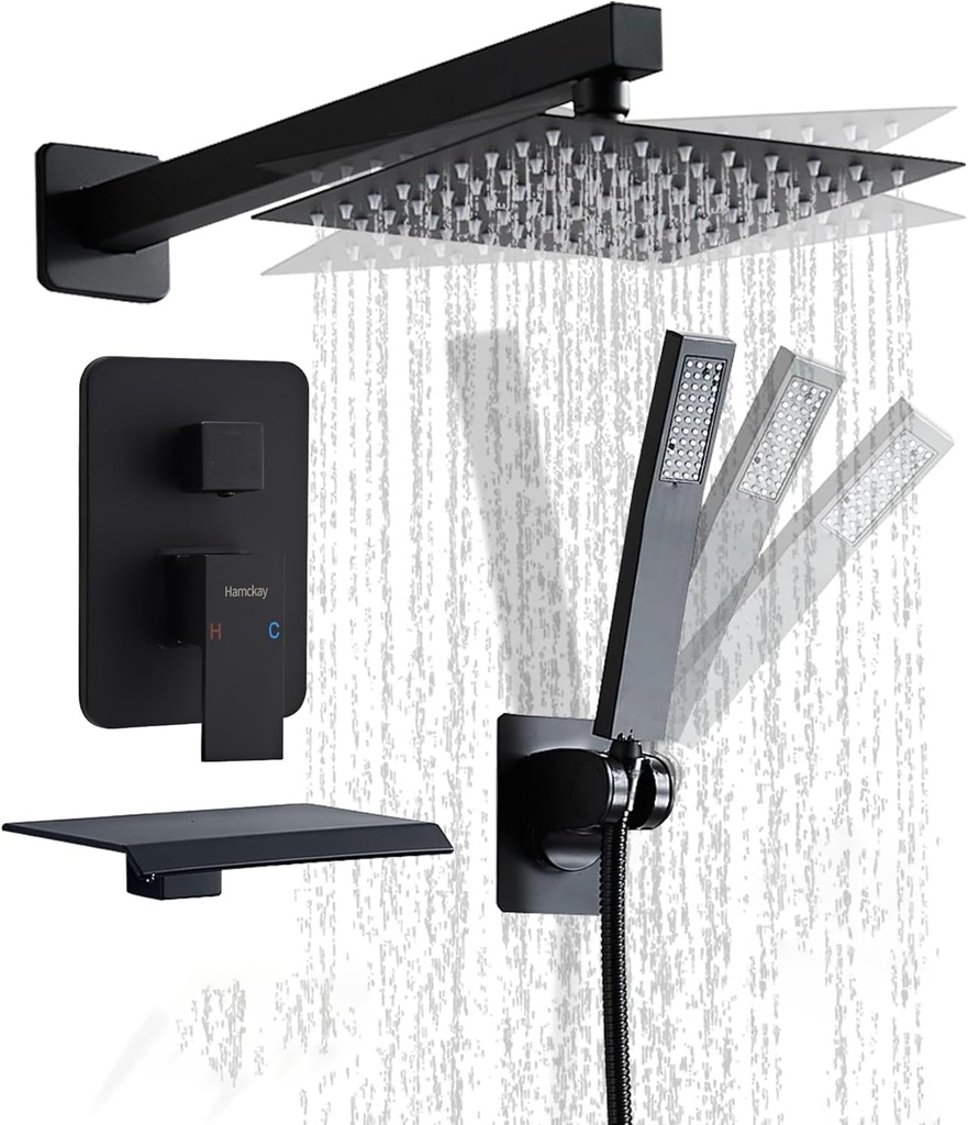 12 inch Matte Black Shower System with Tub Spout, Shower Faucet Set with Rain Shower Head and Handheld 3-Setting, Waterfall Bathtub Spout Rainfall Shower Combo Set for Bathroom Wall Mounted